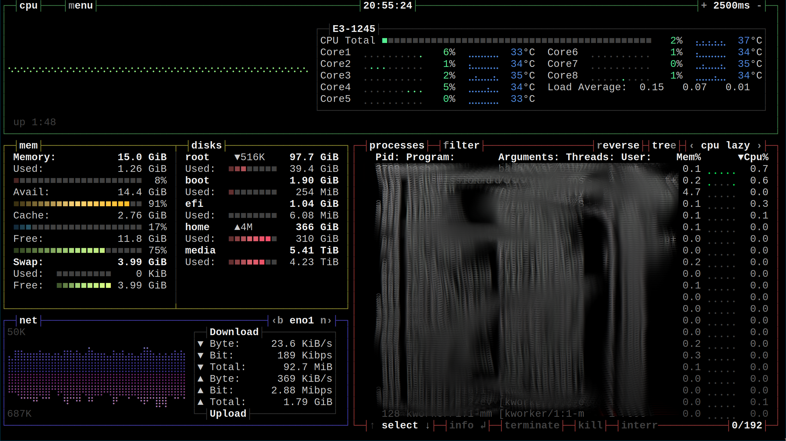 Screenshot of the bashtop application running on the server.